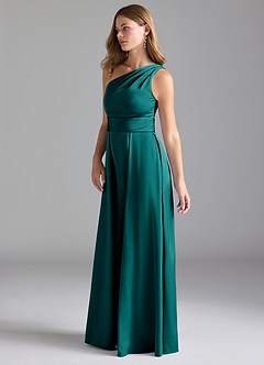 Azazie Dallas Robes de demoiselle d'honneur Robe Trapèze en Satin extensible Ue épaule Paon image5