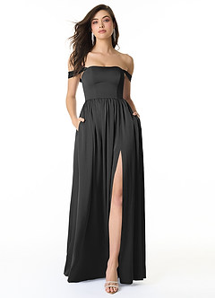 Azazie Morana Vestidos de damas de honor Vestido de Negro de Satén Elástico de Corte en A Convertible con Vestidos sin tirantes image1