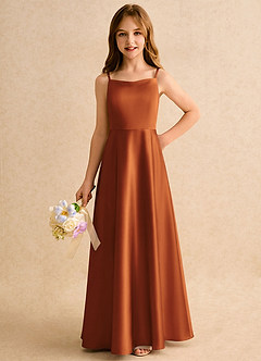 Azazie Joella Girls Formal Robe Demoiselle D'honneur Fillette Robe Trapèze en Satin extensible Plissée Cannelle image3