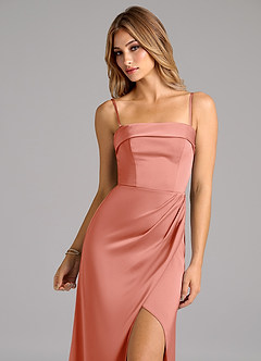 Azazie Aretha Robes de demoiselle d'honneur Robe Trapèze Convertible en Satin extensible Sans bretelle Corail image2