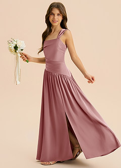 Azazie Dotty Junior Abito A-Line in Raso Elasticizzato Plissettato Rosa Polverosa image5