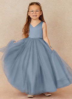 Azazie Marybell Flower Girl Dresses Dusty Blue A-Line Bow Tulle Dress image1
