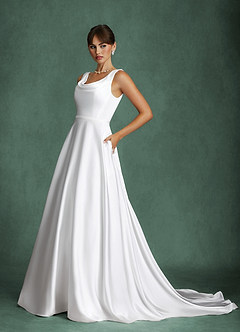 Azazie Cassandra Wedding Dresses Diamond White A-Line with Pockets Stretch Satin Dress image1