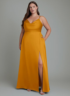 Azazie Sarella Bridesmaid Dresses Butterscotch A-Line Pleated Stretch Satin Dress image10