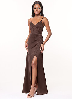 Azazie Maci Bridesmaid Dresses Ganache A-Line V-Neck Pleated Stretch Satin Dress image3