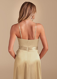 Azazie Sophia Bridesmaid Dresses Champagne A-Line with Pockets Metallic Satin Dress image2