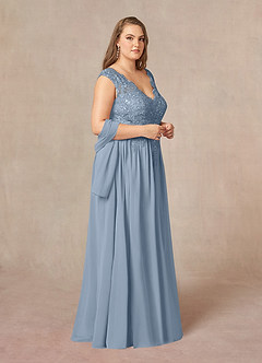 Azazie Amethyst vestidos de madre de la novia Vestido de Azul Polvoriento de Gasa de Corte En A con Lentejuelas Cuello V image11