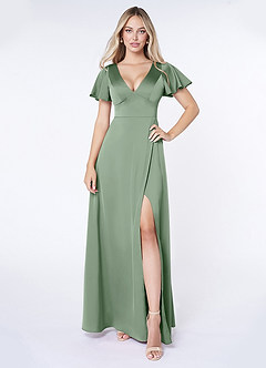 Azazie Lani Robes de demoiselle d'honneur Robe Trapèze en Satin extensible Manche à volants Matcha image1