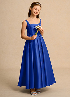 Azazie Mochi Girl Flower Girl Dresses Royal Blue Ball-Gown Pleated Matte Satin Dress image4