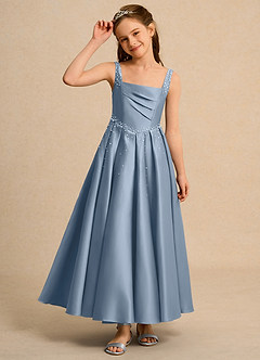 Azazie Mochi Girl vestidos de niña de las flores Vestido de Azul Polvoriento de Satin Mate de Princesa con Plisado image6