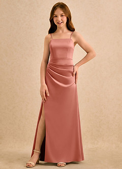 Azazie Cannoli Girls Formal Blumenmädchenkleider A-Linie Plissee Stretch-Satin Kleid Lachsrosa image5