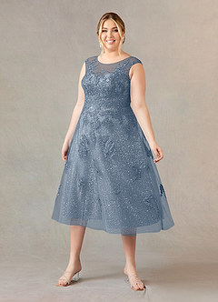 Azazie Flynn Mère de la mariée Robes Robe Trapèze en Tulle Col bateau dentelle Violet Crépusculaire image6
