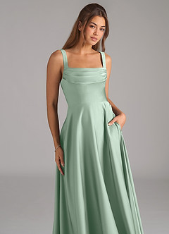 Azazie Shaude Bridesmaid Dresses Agave A-Line Pleated Stretch Satin Dress image2