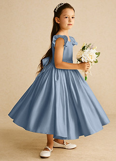 Azazie Violeta Blumenmädchenkleider Ballkleid Schleifen Matte Satin Kleid Staubblau image4