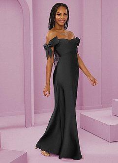 Barbie ♥ Azazie Bridesmaid Dresses Black Sheath Off the Shoulder Stretch Satin Convertible Dress image1