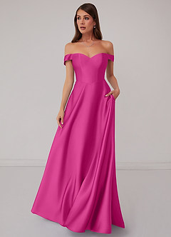Barbie ♥ Azazie Bridesmaid Dresses Fuchsia A-Line Off the Shoulder Stretch Satin Convertible Dress image2