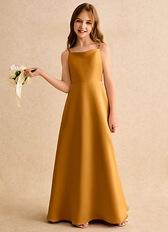 Azazie Joella Girls Formal Flower Girl Dresses Butterscotch A-Line Pleated Matte Satin Dress image2