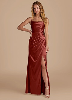 Azazie Marzia Bridesmaid Dresses Terracotta Mermaid Pleated Metallic Satin Dress image1