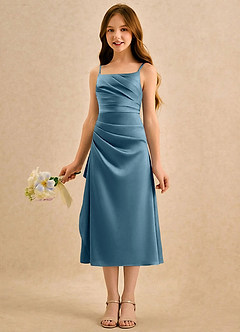 Azazie Canna Girls Formal Blomsterpigekjoler A-Line Plisseret Stræk satin Te-længde Kjole image5