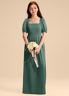 Azazie Briar Junior Robe Trapèze en Satin extensible Arc Eucalyptus image1
