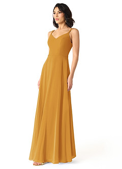 Azazie Janine Bridesmaid Dresses Butterscotch A-Line V-Neck Chiffon Dress image2