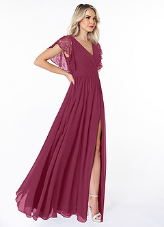 Azazie Zella Brautjungfernkleider A-Linie Spitze Chiffon Kleid Maulbeerrot image4