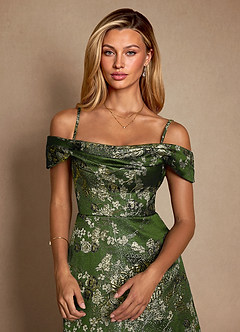 Azazie Marceline Mother of the Bride Dresses Matcha Green A-Line Off the Shoulder Jacquard Dress image6