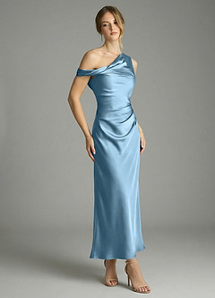 Azazie Emerson Bridesmaid Dresses Steel Blue Mermaid Off the Shoulder Stretch Satin Dress image3