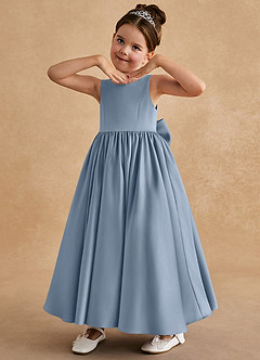 Azazie Bettie Robe Demoiselle D'honneur Fillette Robe Trapèze en Mat Satiné Arc Bleu Poussiéreux image2