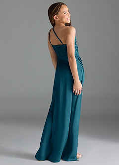 Azazie Eren Junior Ink Blue Sheath Pleated Stretch Satin Dress image5