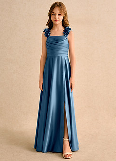 Azazie Rosita Junior Formal Robe Demoiselle D'honneur Fillette Robe Trapèze en Mat Satiné Plissée Bermude image3