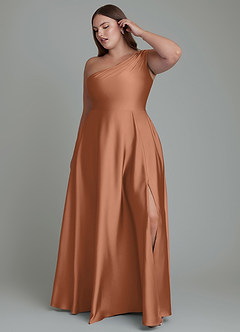 Azazie Melanie Bridesmaid Dresses Bronzer A-Line Off the Shoulder Stretch Satin Dress image9