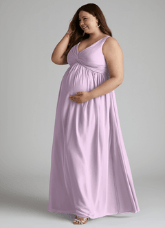 Azazie Yetta Maternity Bridesmaid Dresses A-Line V-Neck Gathered Chiffon Floor-Length Dress image10