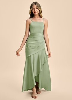 Azazie Aspyn Junior Robe Sirène en Satin extensible Drapé Vert Sauge image4