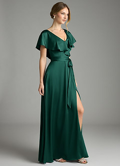 Azazie Lainey Bridesmaid Dresses Emerald A-Line with Pockets Stretch Satin Dress image5
