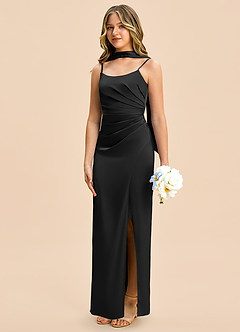 Azazie Calandra Junior Vestido Negro de Satén Elástico de Corte Recto con Plisado image4