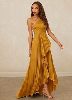 Christian Siriano Bridal for Azazie 1008 Bridesmaid Dresses Butterscotch A-Line One Shoulder Stretch Satin Dress image4