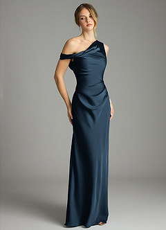 Azazie Emerson Bridesmaid Dresses Dark Navy Mermaid Off the Shoulder Stretch Satin Dress image5