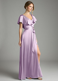 Azazie Lainey Bridesmaid Dresses Frosted Lilac A-Line with Pockets Stretch Satin Dress image5