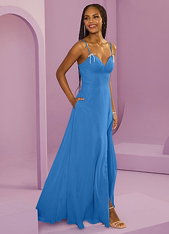 Barbie ♥ Azazie Jurken voor bruidsmeisjes Jurk van Chiffon met A-Lijn met Zakken Blauwe Gaai image4