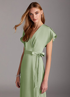 Azazie Nico Bridesmaid Dresses Dusty Sage A-Line V-Neck Stretch Satin Dress image6