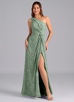 Azazie Brooke Vestidos de damas de honor Vestido de Matcha de Devorado Floral de Corte en A con Hombro unilateral image4