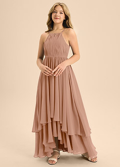 Azazie Elliora Junior Abito A-Line in Chiffon Plissettato Champagne Rosa image4