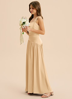 Azazie Dotty Junior Vestido Ouro de Cetim elástico de Linha A com Plissado image3