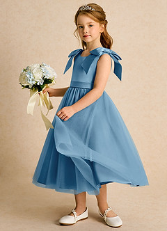 Azazie Serene Abiti da Ragazza di Fiori Abito Principessa in Raso Opaco Fiocco Blu Acciaio image2