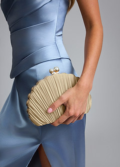 front Matching Color Metallic Satin Shell-Shape Pleated Clutch Bag