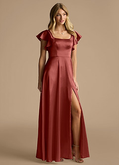 Azazie Bondi Bridesmaid Dresses Terracotta A-Line Bow Metallic Satin Dress image2