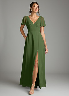 Azazie Kimber Bridesmaid Dresses Olive A-Line Flounce Sleeve Chiffon Dress image4