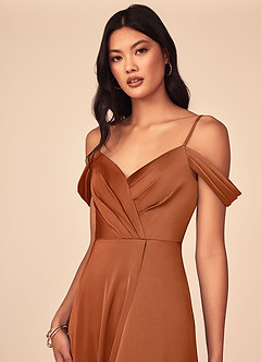 Azazie Ocean At-home Try On Dresses Rosette A-Line V-Neck Pleated Stretch Satin Dress image4