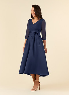Azazie Maritza Mother of the Bride Dresses Dark Navy A-Line Pleated Matte Satin Dress image6